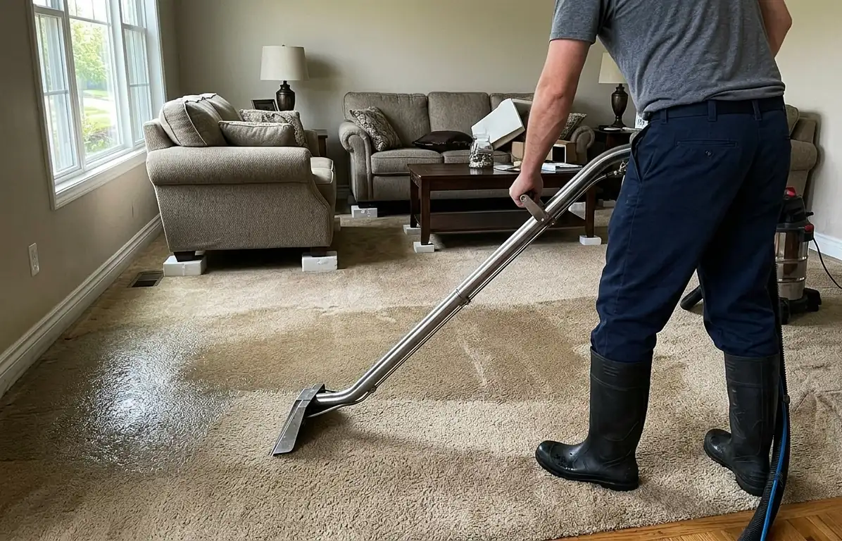 Technician extracting water from soaked carpet in a Pflugerville living room