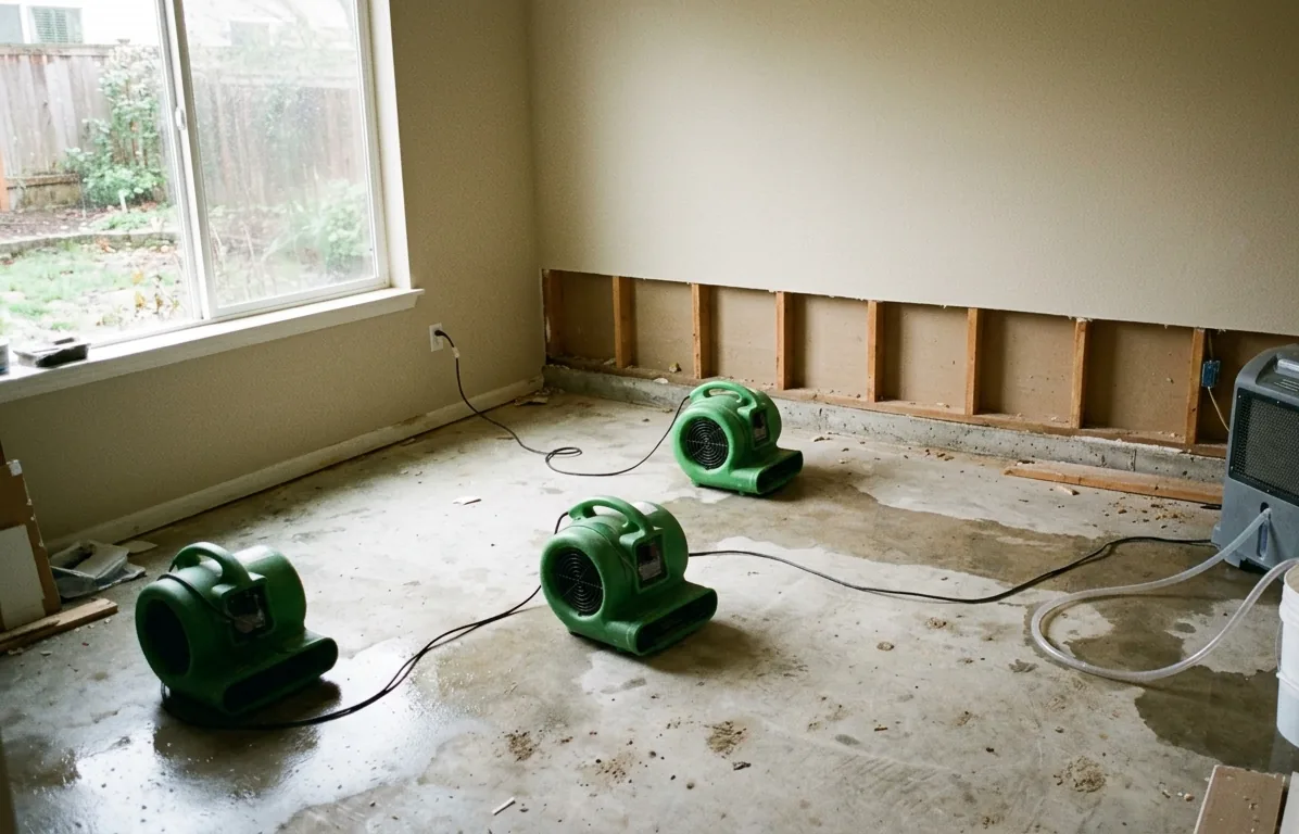Air movers and dehumidifier drying a flood-cut room in a Pflugerville home