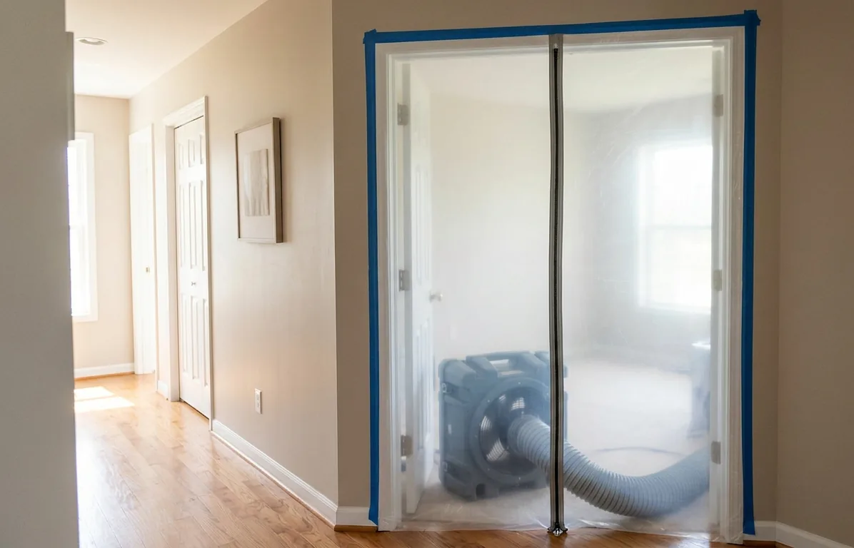 Sealed containment doorway with air scrubber during mold remediation in a Pflugerville home