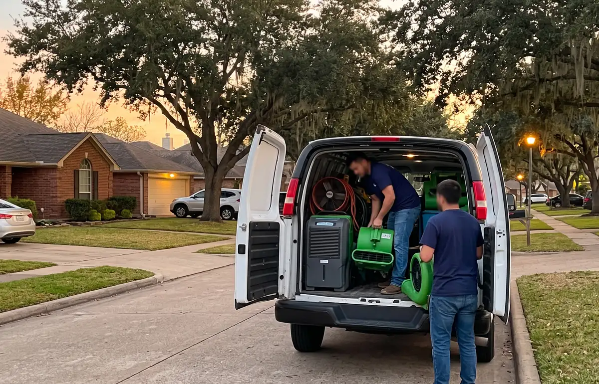 Pflugerville Water Damage Pros crew loading drying equipment into the work van at dusk